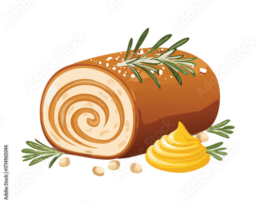 Gourmet roast meat roll with aromatic herbs and a savory sauce, served on a white plate - Vector Illustration