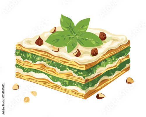 Delicious spinach and ricotta lasagna with a creamy béchamel sauce and fresh basil - Vector Illustration