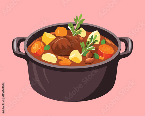 A hearty stew with beef, carrots, and potatoes, served in a black pot - Vector Illustration