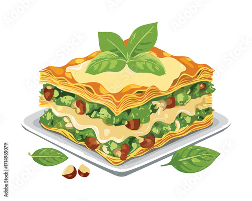 A delicious piece of classic meat lasagna with basil and rich cheese sauce - Vector Illustration