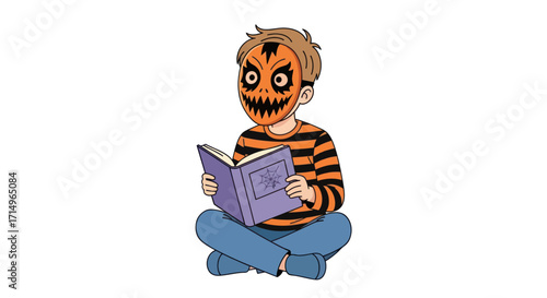 Boy in Halloween Mask Reading a Book.