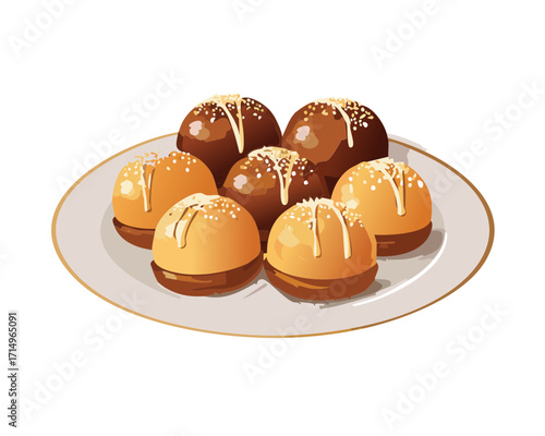 A plate of delicious sweet baked hazelnut balls, garnished with nuts - Vector Illustration