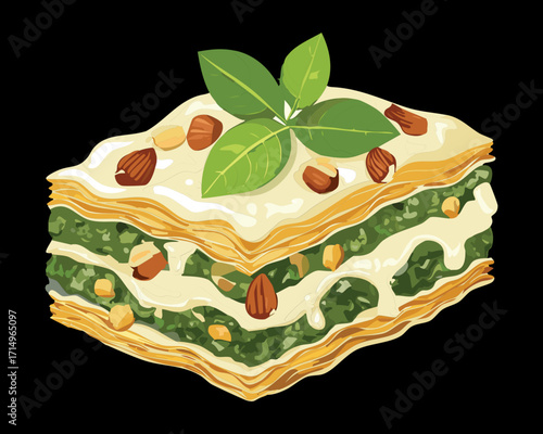 A rich and savory meat lasagna with cheese and fresh basil leaves on top - Vector Illustration