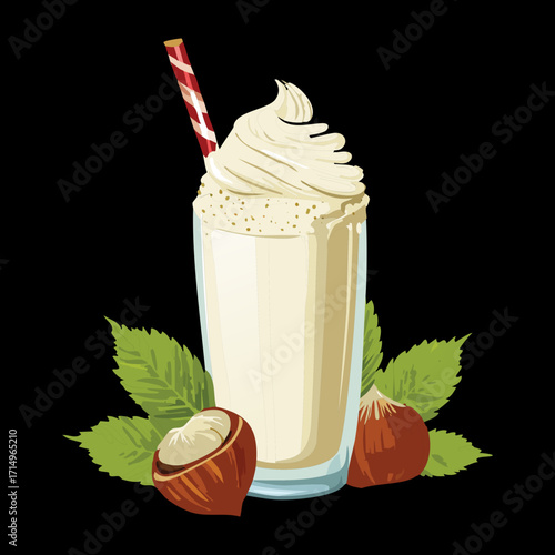 A delicious vanilla milkshake topped with whipped cream and chopped hazelnuts - Vector Illustration