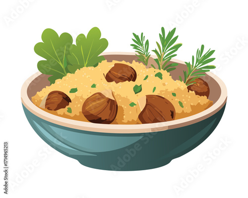 A hearty bowl of savory meatballs in a creamy sauce, with fresh herbs and seasoning - Vector Illustration