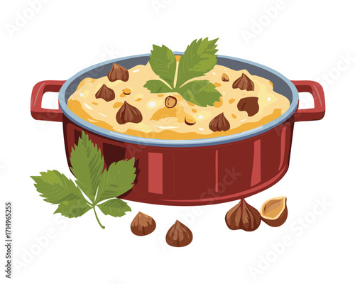 A bowl of creamy chestnut soup in a rustic red casserole dish, garnished with parsley and whole chestnuts - Vector Illustration