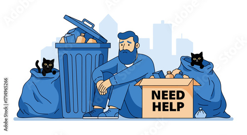 Homeless Man with Cats Seeking Help Poverty Hardship and Need Concept Illustration