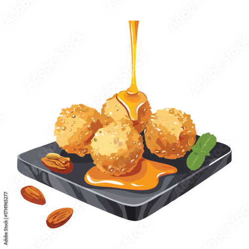 A small plate of crispy, golden fried balls, with a drizzle of sweet golden honey and a garnish of herbs - Vector Illustration