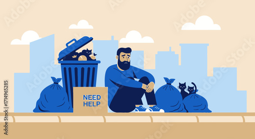Homeless Man with Cats Seeking Help Poverty Compassion and Animal Welfare Concept Illustration