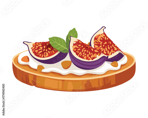 A slice of golden brown toast with a generous spread of creamy ricotta cheese and fresh figs - Vector Illustration