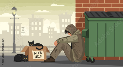 Homeless Man Sitting Next to Cardboard Box with Cats City Street Scene