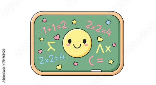 Cute Cartoon Blackboard with Math Equations Smiley Face Stars and Hearts.
