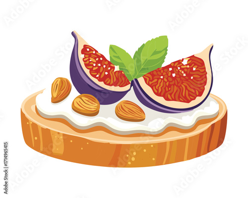 A slice of toast topped with creamy ricotta cheese, fresh sliced figs, and a drizzle of golden honey - Vector Illustration