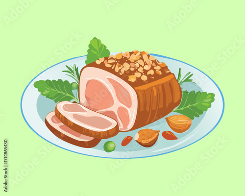 A perfectly roasted ham with a golden crust, topped with roasted almonds and fresh green herbs on a light green plate - Vector Illustration
