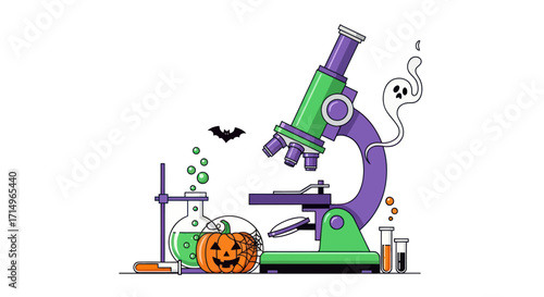 Spooky Halloween science laboratory illustration with a microscope jack-o-lantern and ghost.