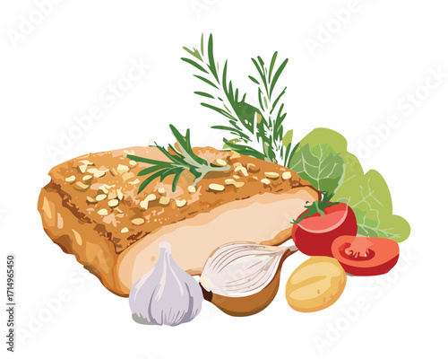 A perfectly roasted pork loin with a golden brown crust, surrounded by garlic cloves, cherry tomatoes, and fresh herbs - Vector Illustration