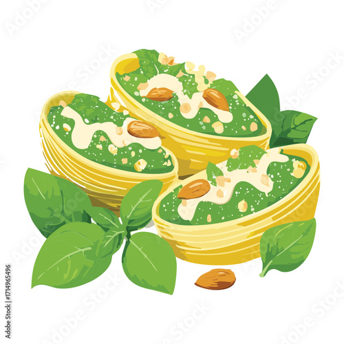 A platter of savory pastry bites with a golden crust, filled with a creamy spinach sauce and fresh herbs - Vector Illustration
