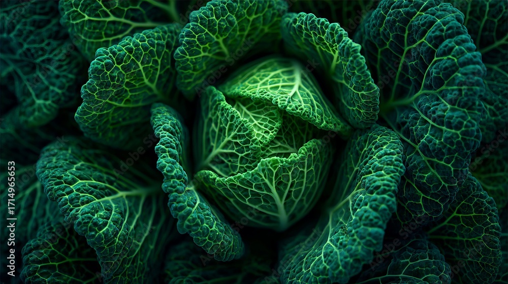 Fototapeta premium Vibrant green cabbage texture with intricate leaf veins, perfect for healthy eating and farm-to-table visuals