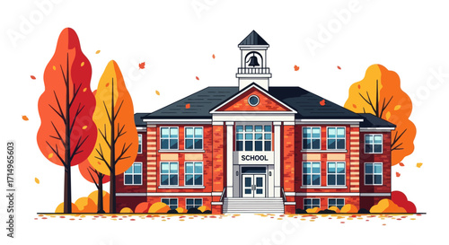 Cartoon Illustration of a Classic Brick Schoolhouse Building.