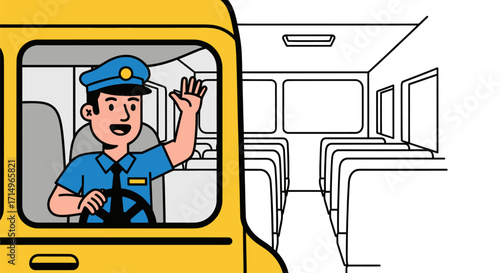 School Bus Driver Waving from Vehicle Window.