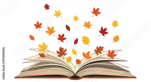 Colorful autumn leaves and foliage emerging from the pages of an open storybook.