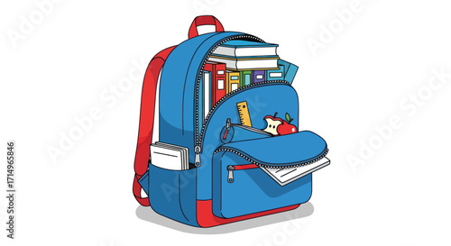 Blue Backpack Filled with School Supplies and Books.