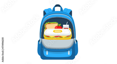 Blue Backpack with Open Compartment Revealing Packed Lunch.