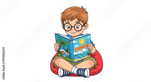 Cartoon Boy Reading a Book in a Bean Bag Chair.
