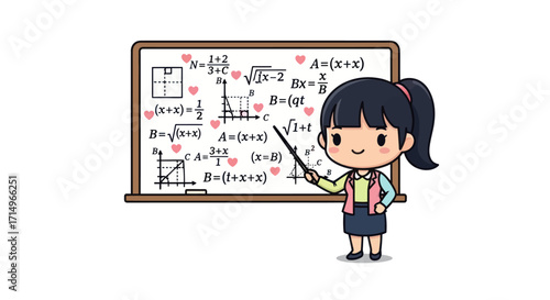 Cartoon Teacher Explaining Math Equations on Blackboard.