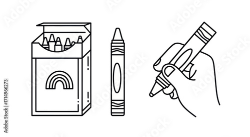 Black and white line art illustration of crayons a box and a hand holding a crayon.