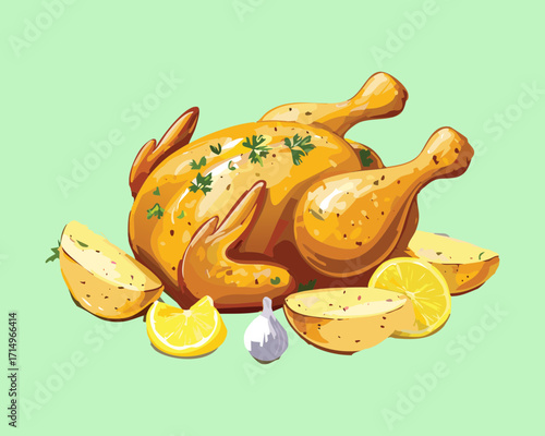 A freshly roasted whole chicken with a crispy golden skin, garnished with lemon wedges and a side of roasted potatoes - Vector Illustration