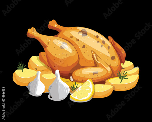 A golden roasted chicken, accompanied by cloves of roasted garlic, lemon wedges, and fresh herbs - Vector Illustration