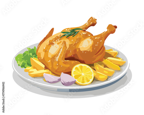 A whole roasted chicken with a crispy golden skin, surrounded by lemon wedges and sprigs of fresh herbs - Vector Illustration