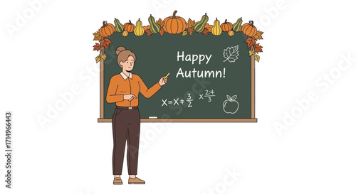 Teacher pointing at a chalkboard decorated with autumn elements and the words Happy Autumn.
