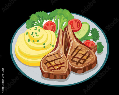 Two savory lamb chops with a golden crust, served on a bed of mashed potatoes and green herbs - Vector Illustration