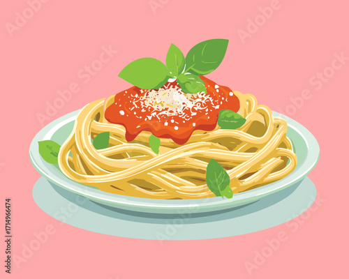 A plate of perfectly cooked spaghetti with a flavorful tomato sauce, garnished with grated parmesan cheese and parsley - Vector Illustration