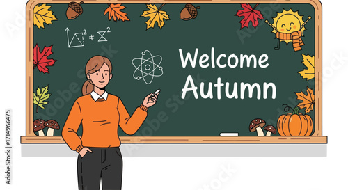 Teacher Welcoming Autumn Season on Chalkboard.