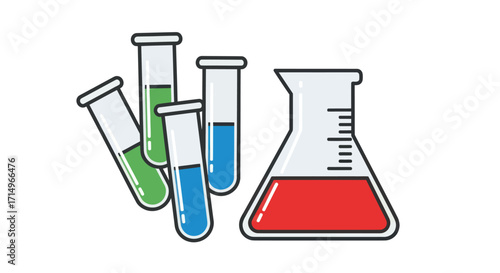 Colorful Liquids in Test Tubes and Erlenmeyer Flask.