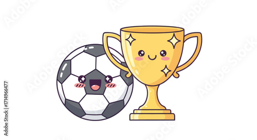 A cute kawaii soccer ball and a smiling golden trophy cup character illustration.