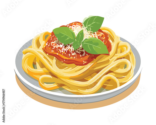 A classic plate of spaghetti tossed in a rich red tomato sauce and garnished with a sprinkle of cheese and fresh herbs - Vector Illustration