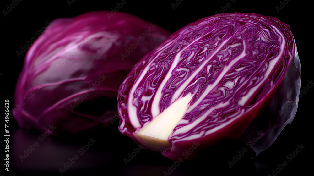 Fototapeta premium Ruby Cabbage's Interior: Close-up shot of a split ruby cabbage showcasing its intricate, layered textures, a testament to nature's artistic prowess and culinary potential.