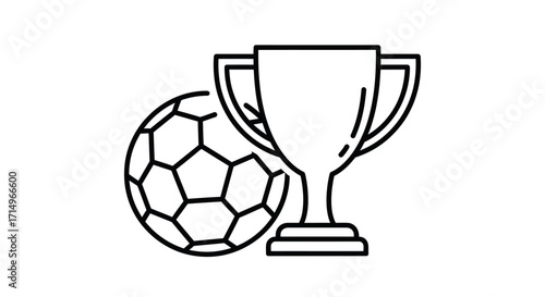 Black Outline Icon of Soccer Ball and Trophy for Sports Victory.