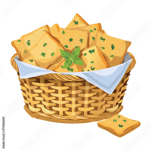 A woven basket filled with an assortment of savory baked pastry triangles, with a golden brown crust - Vector Illustration