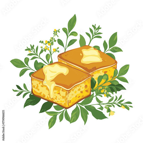 A single square piece of a savory pastry, rich and creamy, garnished with fresh green leaves and herbs - Vector Illustration