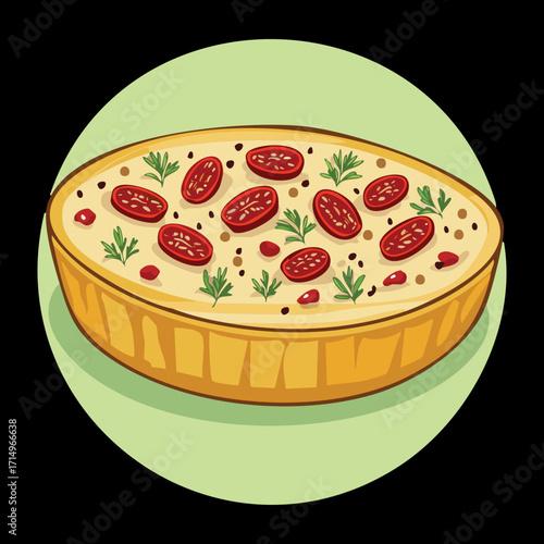  A delicious savory pie with a baked crust, generously topped with sliced tomatoes, olives, and fresh herbs - Vector Illustration