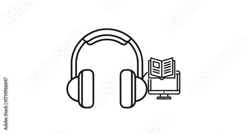 Line art headphones and computer monitor with open book icon representing digital audiobooks or online learning.