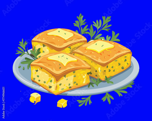 A stack of golden, freshly baked savory squares, showing a creamy, cheesy interior on a light blue background - Vector Illustration