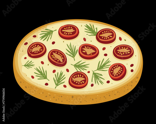 A freshly baked round pie with a decorative crust, topped with sliced tomatoes, onions, and fresh herbs - Vector Illustration