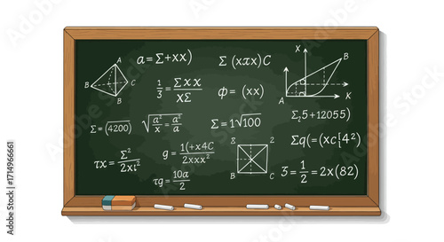 Green Chalkboard Filled with Complex Mathematical Equations and Geometric Diagrams.