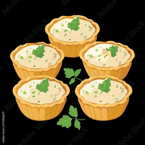 A collection of savory mini tarts, filled with a delicious white sauce and topped with a sprig of green herbs - Vector Illustration